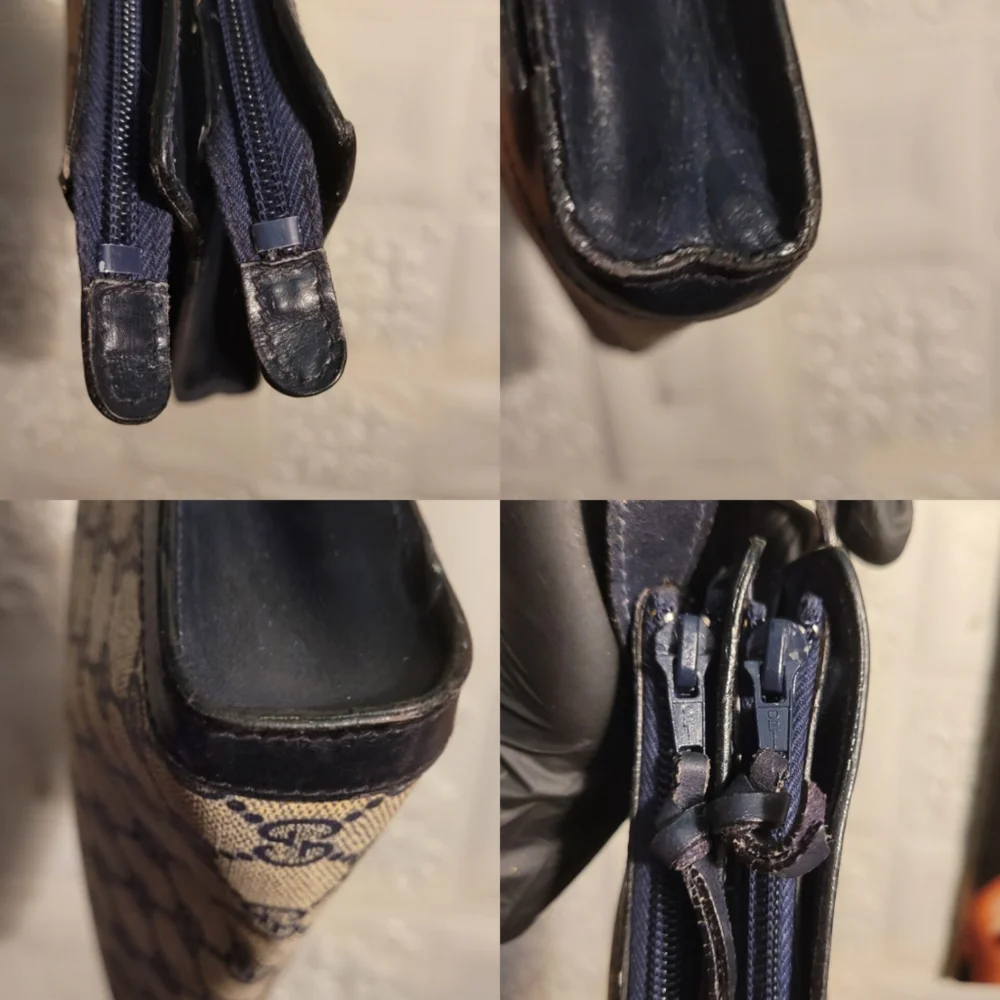 Gucci GG Supreme Canvas Navy 2 way wristlet Clutch Crossbody Bee Bag 70s Authent